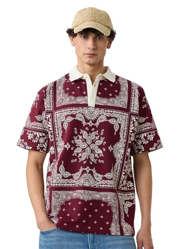 Paisley Men and Boys Short Sleeves Collared Neck Red All Over Printed Cotton Oversized Polos - Image 3